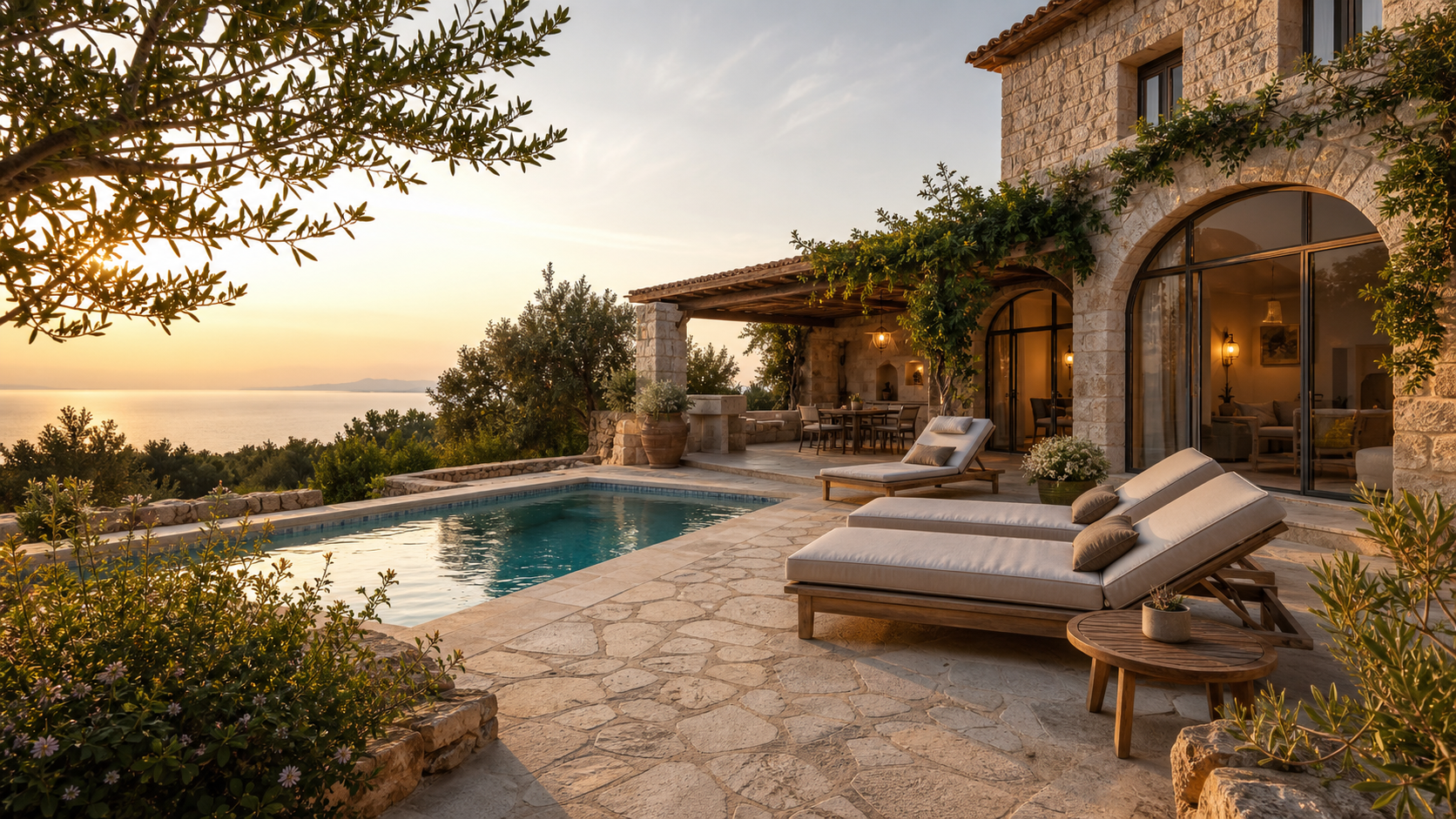 Mediteranska vila s bazenom u zlatnom satu